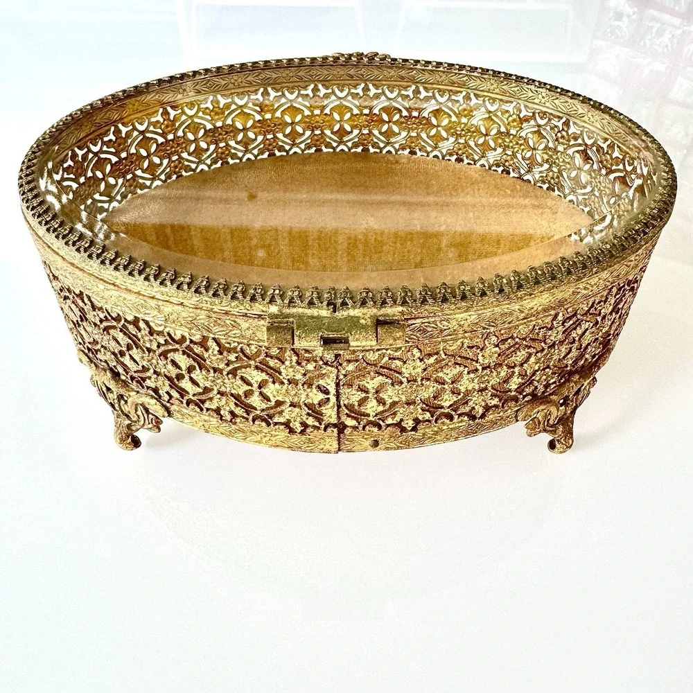 VTG Hollywood Regency Jewelry Box Ormolu Casket Gold Filigree Glass Oval Velvet